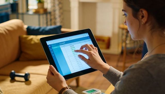 Woman Reviewing Fitness Data on Tablet in Cozy Living Room with Health Monitor