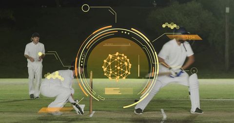 Night cricket action with digital hud overlay showing batsman, wicketkeeper, fielder positioning