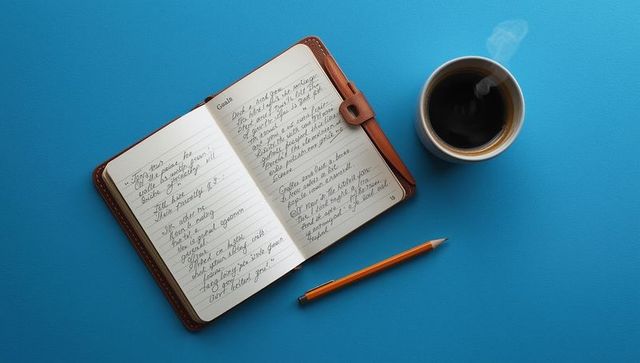 Creative workspace with journal, pencil, and coffee on blue background