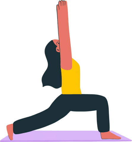 Yoga practitioner in high lunge pose on lavender mat, transparent background