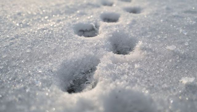 Showing sparkling snow trail with small round footprints, macro frost texture