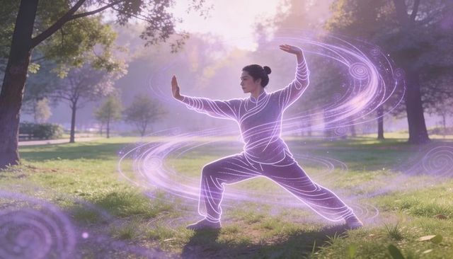 Asian woman practicing tai chi with glowing purple energy swirls in sunlit park graceful flow