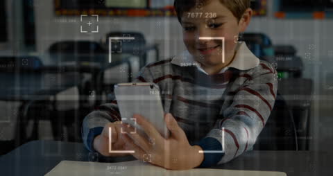 Boy Engaging with Smartphone and Digital Interface Overlay
