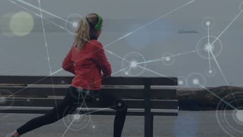 Active Woman Stretching with Digital Connection Overlay