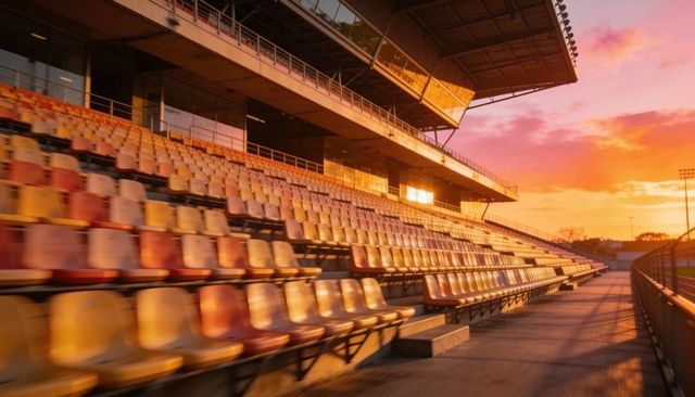 Sunset light glowing over empty stadium grandstand casting long diagonal shadows