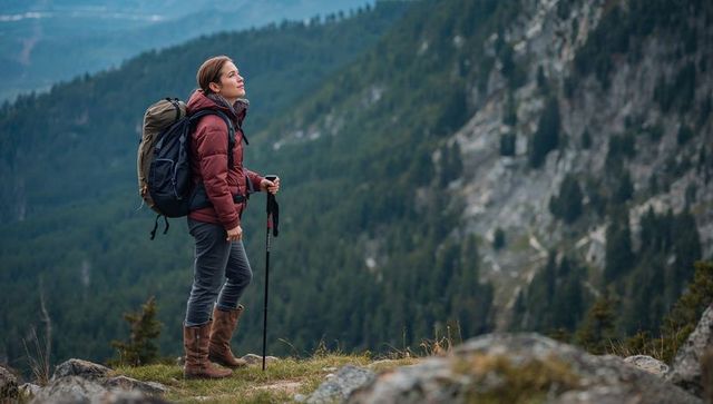 Woman hiking on mountain ridge with backpack and trekking pole overlooking forest valley