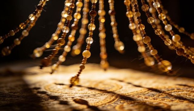 Glinting amber and wooden beads casting warm light over embroidered fabric