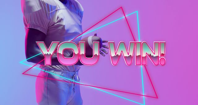 Image of you win text over american football player and neon triangles. Sports and communication concept digitally generated image.