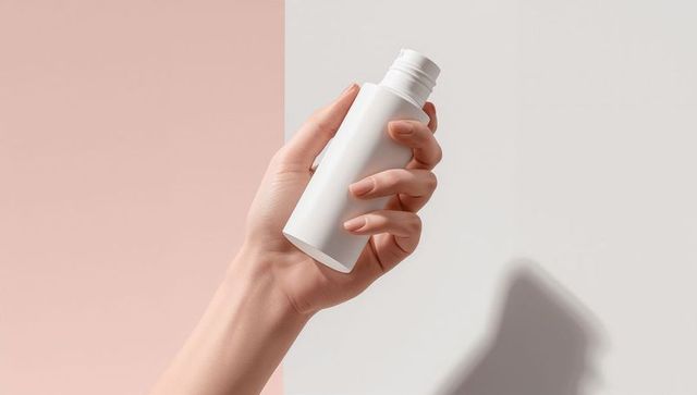Hand Holding Minimalist White Bottle Against Bicolor Backdrop