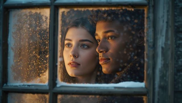 Couple gazing through frosted window in winter cabin