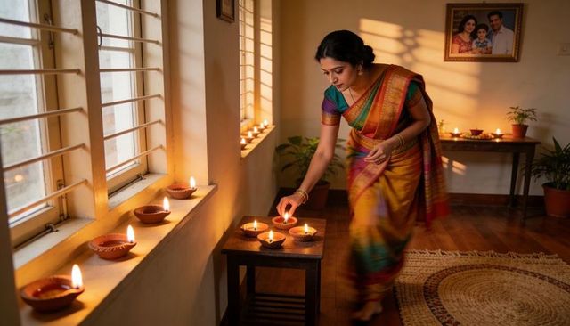 Indian woman lighting clay diyas in colorful silk saree for diwali home celebration