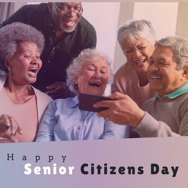 Composite of multiracial happy senior friends looking at smartphone and happy senior citizens day. Text, copy space, togetherness, technology, retirement, healthcare, abuse, awareness, prevention.