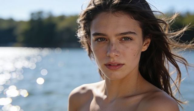 Sunlit lakeside portrait of woman standing at shoreline with windblown hair and freckled face