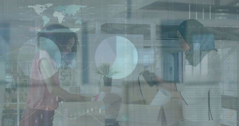 Data and analytics overlay with women in office setting