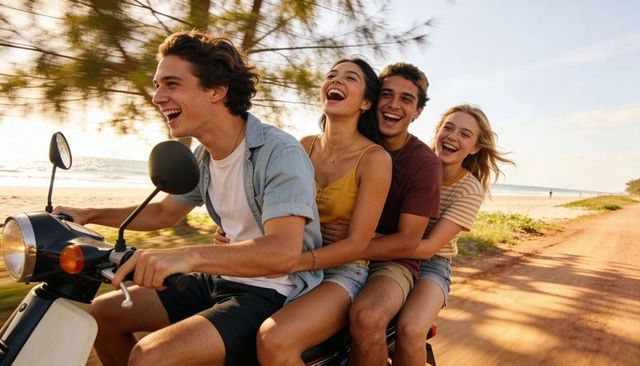 Friends riding scooter along sunny coastal road laughing during golden hour