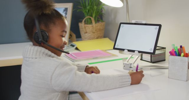 Young Girl Studying at Home with Tablet and Headset - Download Free Stock Images Pikwizard.com