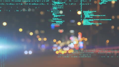 Data Processing Overlay on Urban Cityscape Background