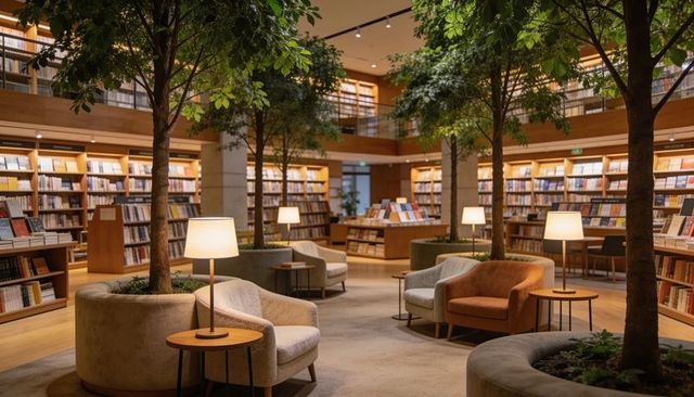 Inviting library lounge featuring armchairs, indoor trees, lamps and mezzanine shelving