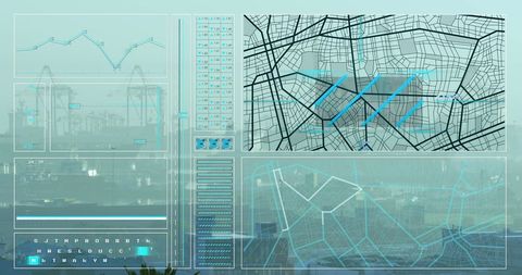 futuristic data processing interface over city aerial view - Download Free Stock Images Pikwizard.com