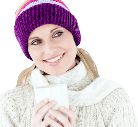Transparent Smiling Woman in Cozy Winter Wear Holding a Warm Drink