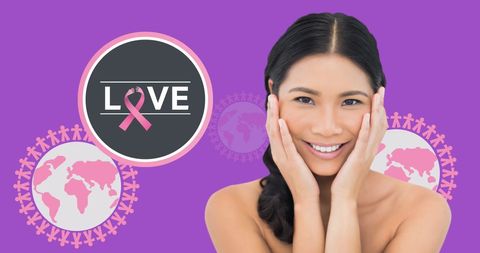 Smiling Woman with Breast Cancer Awareness Symbols - Download Free Stock Images Pikwizard.com