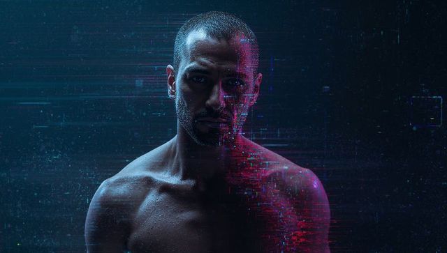 Futuristic Man with Glitch Effects in Neon Lighting