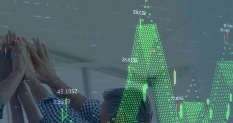 Successful business team celebrating financial growth with data overlay