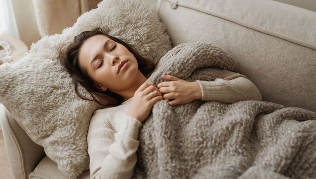 Resting Asian woman on beige sofa wrapped in soft taupe blanket for cozy relaxation