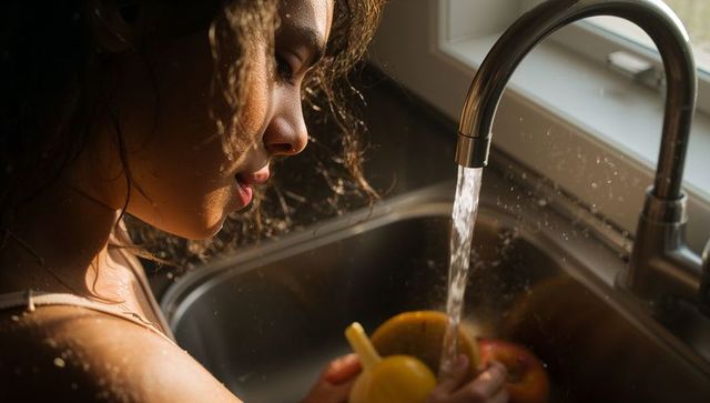 Sunlit teen rinsing lemon at kitchen sink in wet tank top, close-up portrait with droplets