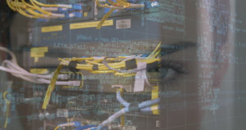 Digital Data Processing in Server Room with Woman's Reflection
