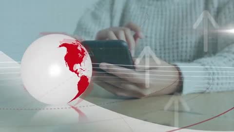 Person Engaging with Smartphone Featuring Globe and Arrows Animation