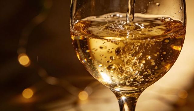 Pouring golden wine into crystal glass with sparkling bubbles and warm bokeh glow, luxury