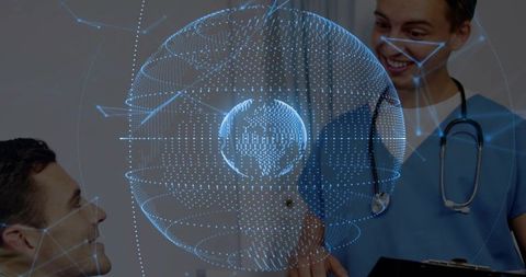 Doctor presenting holographic globe during telehealth consultation with patient and tablet