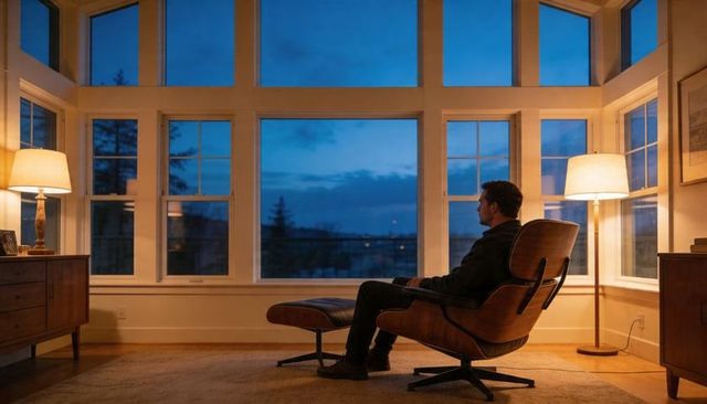 Contemplative man relaxing in midcentury lounge chair at dusk with panoramic windows