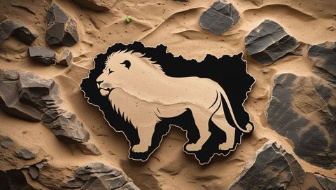 Majestic lion silhouette on desert sand with rock fragments
