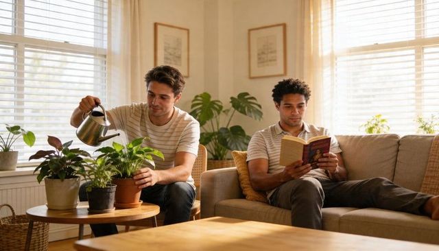 Roommates tending indoor plants in sunlit living room, one watering while other reading