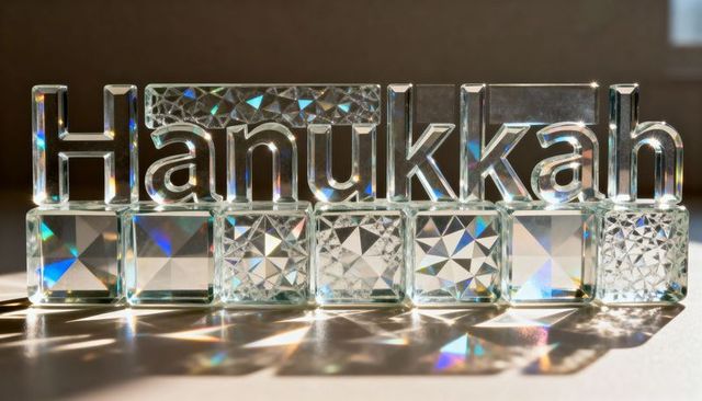 Crystal hanukkah letters catching sunlight with prism faceted glass blocks and rainbows