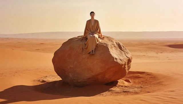 Solitary woman wearing flowing beige robe sitting on sandstone boulder in vast desert