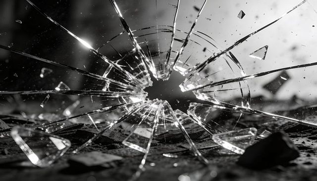 Shattered glass starburst with jagged central hole and scattered shards