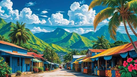 Colorful wooden market stalls along tropical haiti village road