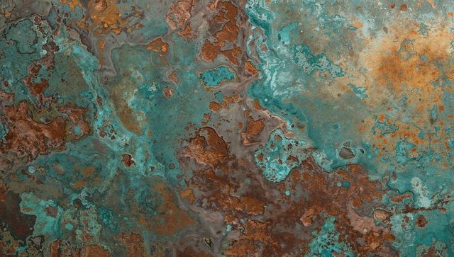 Turquoise verdigris and rust patina texture creating dramatic industrial oxidation backdrop