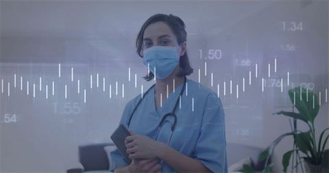 Nurse with Tablet in Hospital Lobby Amid Digital Overlay