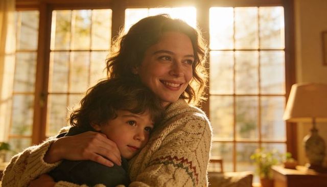 Warm mother hugging child in sunlit room, cozy knit sweater, golden hour family moment