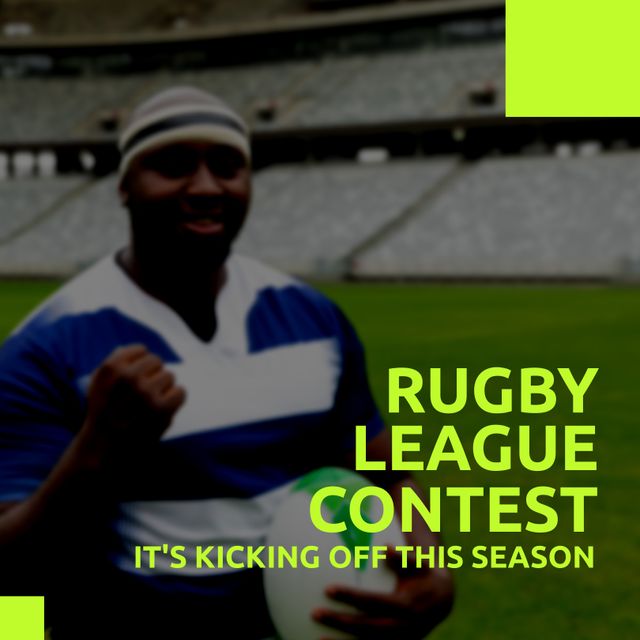 Image depicts a jubilant African American rugby player holding a ball in a stadium, with promotional text about a Rugby League contest kicking off. Perfect for use in sports event advertisements, rugby promotion, and seasonal sports campaign materials.