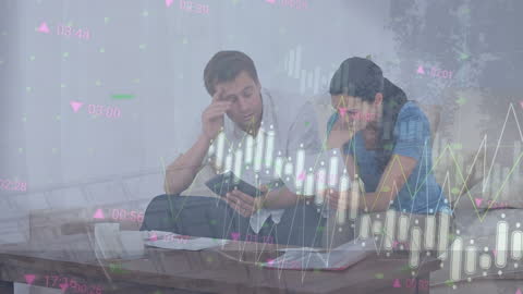 Worried Couple Analyzing Finances with Financial Data Overlay