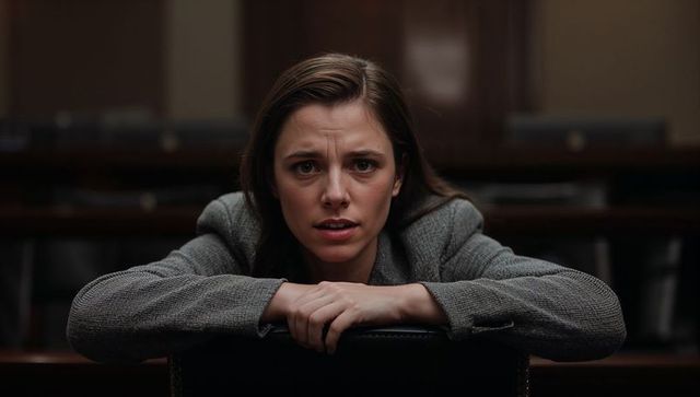 Worried woman leaning on chair in courtroom, lawyer under pressure, moody portrait