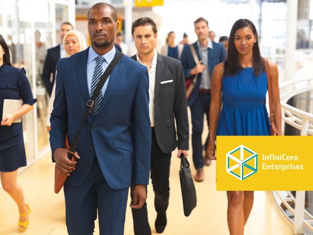 This image showcases a group of diverse businesspeople walking confidently through an office corridor, indicating professionalism and a dynamic corporate environment. Ideal for illustrating concepts of teamwork, leadership, corporate culture, and professional settings in presentations, marketing materials, and company websites.