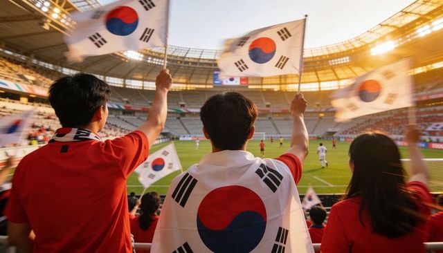 Korean soccer fans cheering and waving taegeukgi flags in stadium at golden hour matchday