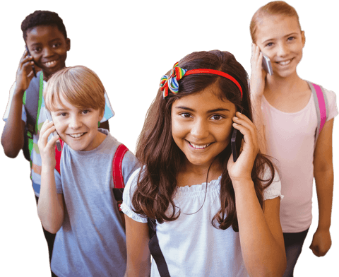 Joyful kids talking on smartphones with backpacks transparent background