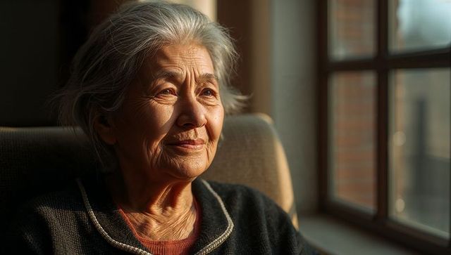 Elderly asian woman reflecting in sunlit armchair at home, quiet contemplation and warmth